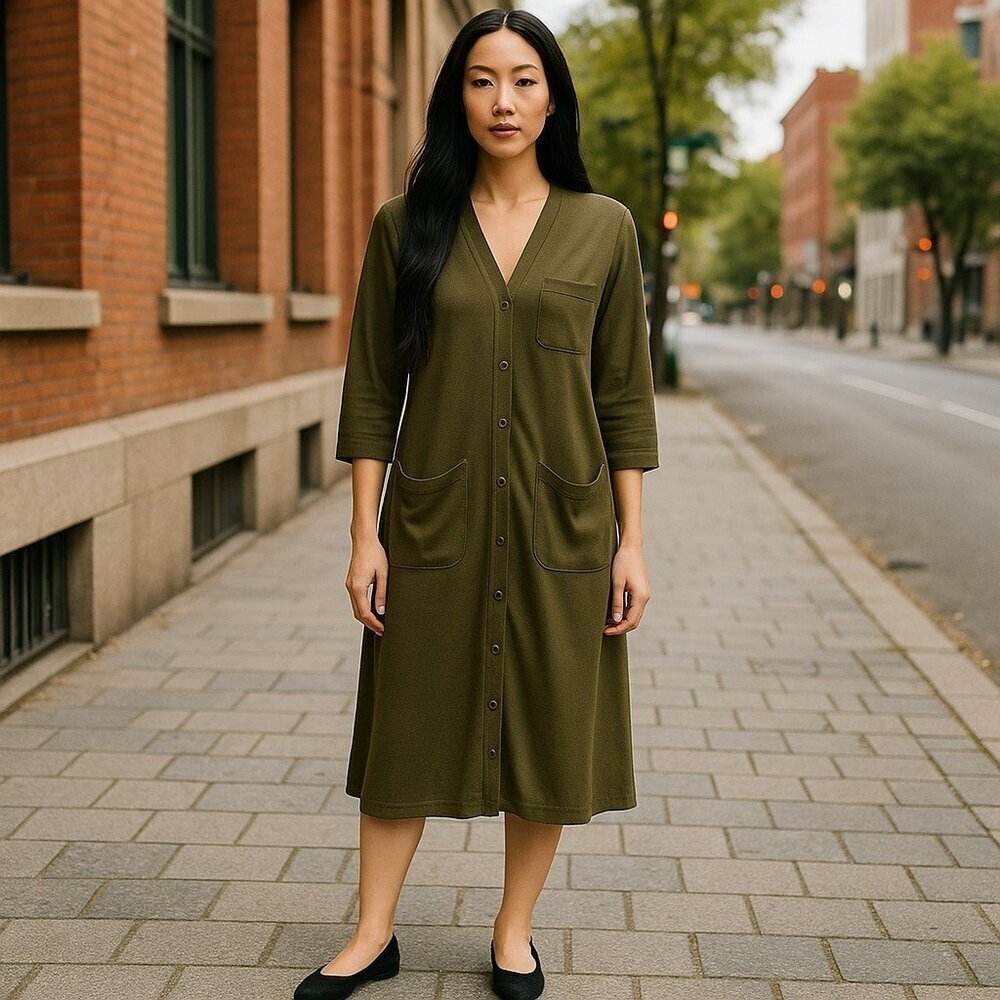 J Crew Womens Petite XS Olive Green Long Sleeve Button Up Shirt Dress Size PXS